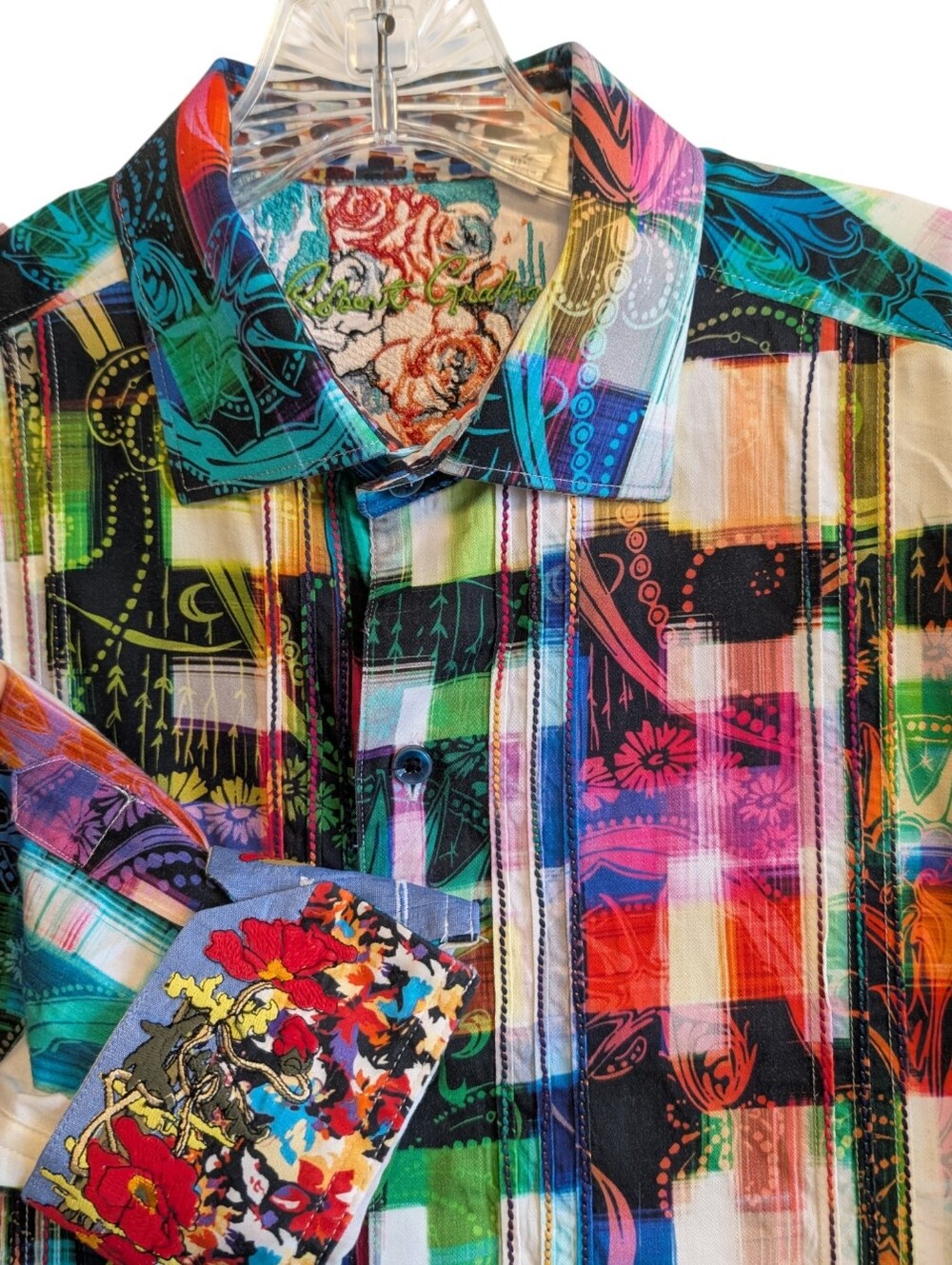 Robert Graham Classic Fit Colorful Button Down Shirt Embroidered Cuffs Sz Large